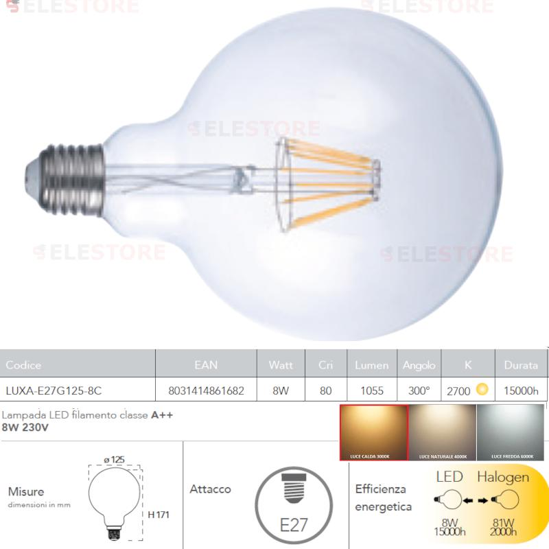 Lampadina LED filamento globo E27 8W 1055LM 3000K 340° - Fan